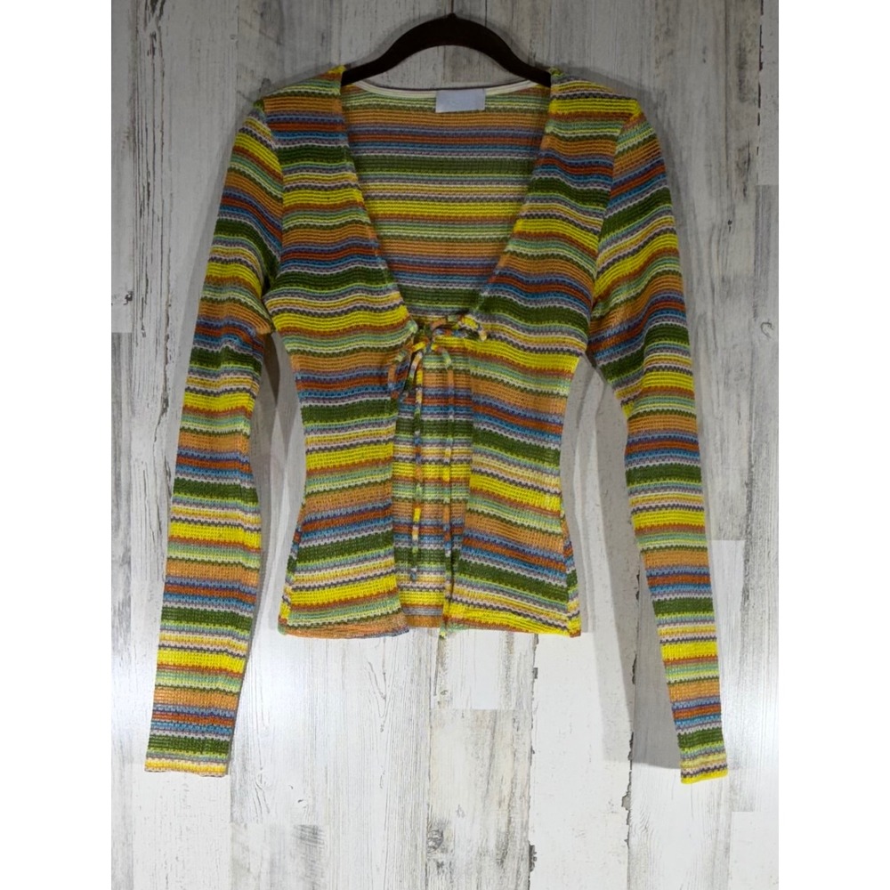 Isalis Tie Front Cardigan Small (XXS) Multi Color Striped Mesh Knit Semi Sheer‎